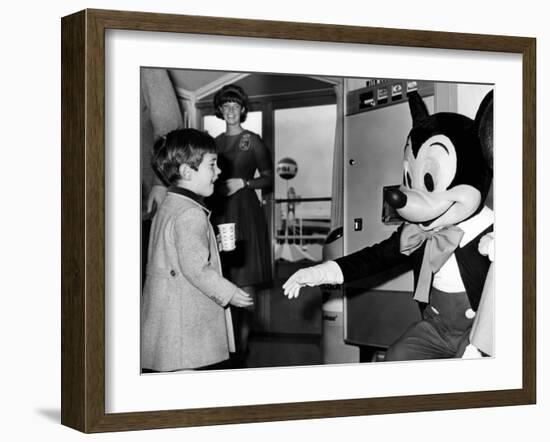 John F Kennedy Jr Shake Hands with Mickey Mouse During Visit to New York World's Fair, Apr 24, 1965-null-Framed Photo