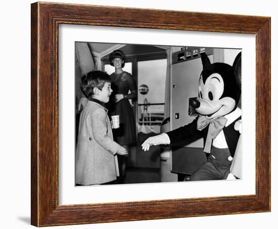 John F Kennedy Jr Shake Hands with Mickey Mouse During Visit to New York World's Fair, Apr 24, 1965-null-Framed Photo