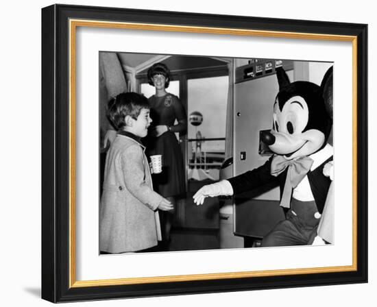 John F Kennedy Jr Shake Hands with Mickey Mouse During Visit to New York World's Fair, Apr 24, 1965-null-Framed Photo