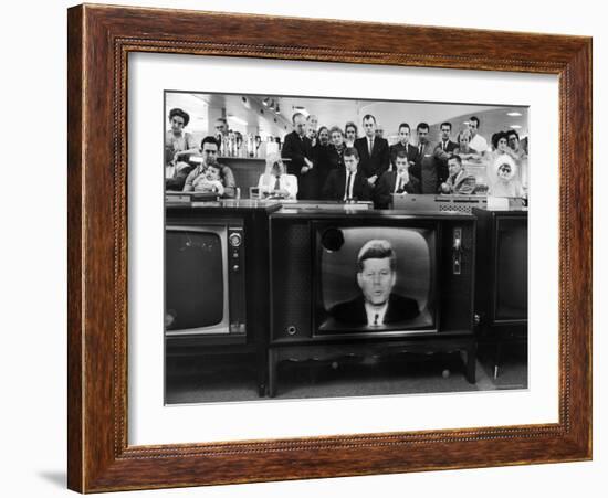 John F. Kennedy's TV Announcement of Cuban Blockade During the Missile Crisis in a Department Store-Ralph Crane-Framed Photographic Print