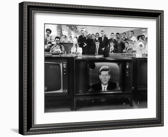 John F. Kennedy's TV Announcement of Cuban Blockade During the Missile Crisis in a Department Store-Ralph Crane-Framed Photographic Print