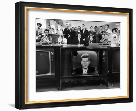 John F. Kennedy's TV Announcement of Cuban Blockade During the Missile Crisis in a Department Store-Ralph Crane-Framed Photographic Print