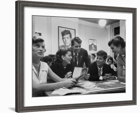 John F. Kennedy with Brother and Sisters Working on His Senate Campaign-Yale Joel-Framed Photographic Print