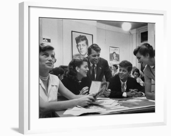 John F. Kennedy with Brother and Sisters Working on His Senate Campaign-Yale Joel-Framed Photographic Print