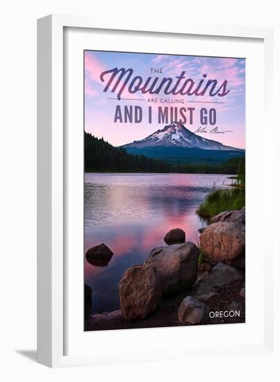 John Muir - the Mountains are Calling - Mt. Hood, Oregon - Purple Sunset and Peak-Lantern Press-Framed Art Print