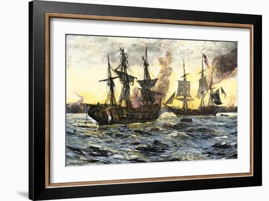 John Paul Jones in Command of the Ranger in Battle with the British Ship Drake-null-Framed Giclee Print