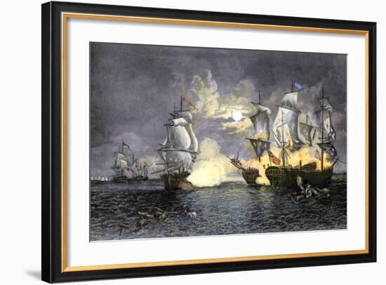 John Paul Jones's Ship, Bon Homme Richard, Defeating the British Serapis, c.1779-null-Framed Giclee Print