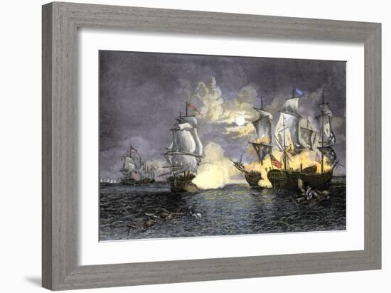 John Paul Jones's Ship, Bon Homme Richard, Defeating the British Serapis, c.1779-null-Framed Premium Giclee Print