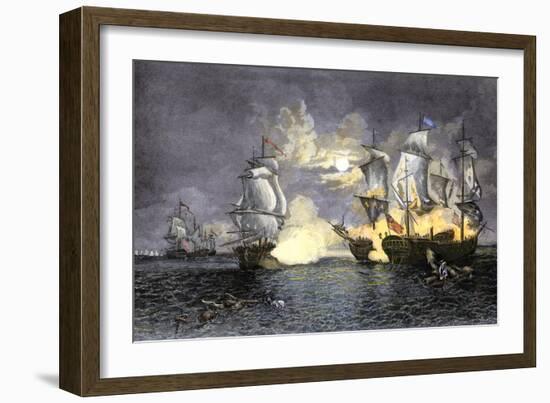 John Paul Jones's Ship, Bon Homme Richard, Defeating the British Serapis, c.1779-null-Framed Giclee Print