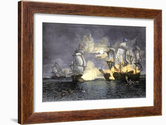 John Paul Jones's Ship, Bon Homme Richard, Defeating the British Serapis, c.1779-null-Framed Giclee Print