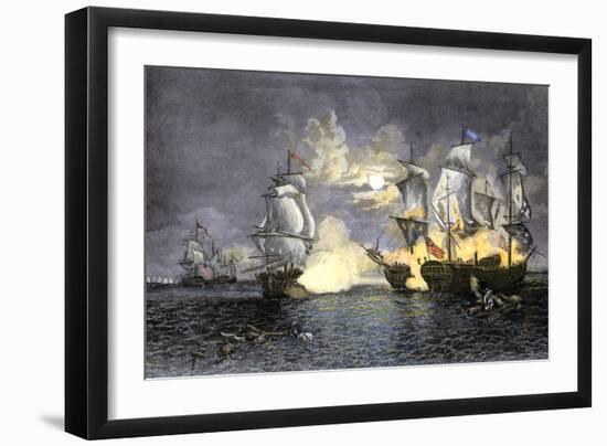John Paul Jones's Ship, Bon Homme Richard, Defeating the British Serapis, c.1779-null-Framed Giclee Print