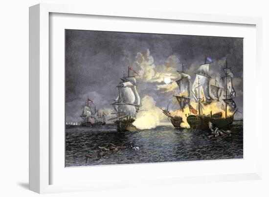 John Paul Jones's Ship, Bon Homme Richard, Defeating the British Serapis, c.1779-null-Framed Giclee Print