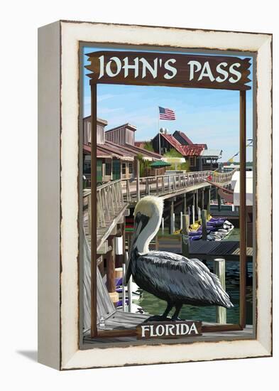 John's Pass, Florida - Pelican and Dock-Lantern Press-Framed Stretched Canvas