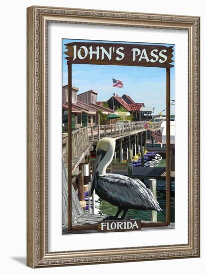 John's Pass, Florida - Pelican and Dock-Lantern Press-Framed Art Print