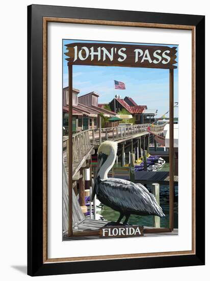 John's Pass, Florida - Pelican and Dock-Lantern Press-Framed Art Print