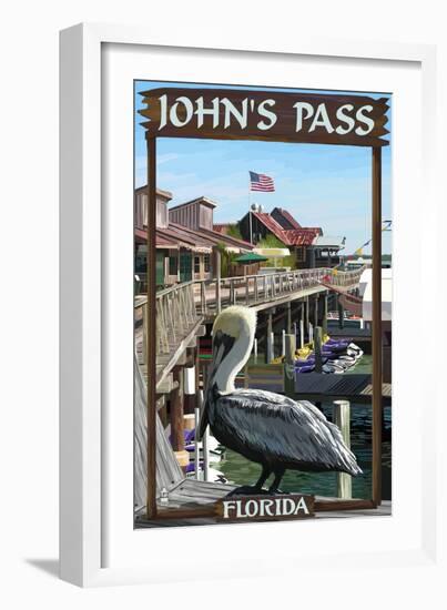 John's Pass, Florida - Pelican and Dock-Lantern Press-Framed Art Print