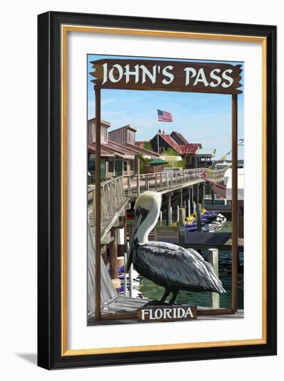 John's Pass, Florida - Pelican and Dock-Lantern Press-Framed Art Print