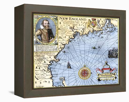 John Smith's Map of New England, with Inset Portrait, c.1620-null-Framed Premier Image Canvas