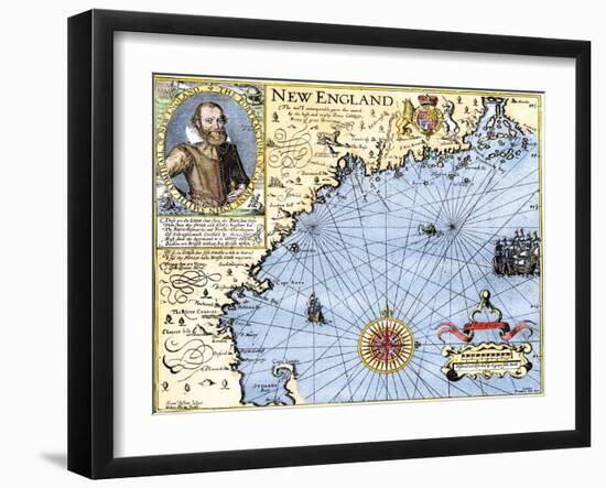 John Smith's Map of New England, with Inset Portrait, c.1620-null-Framed Giclee Print