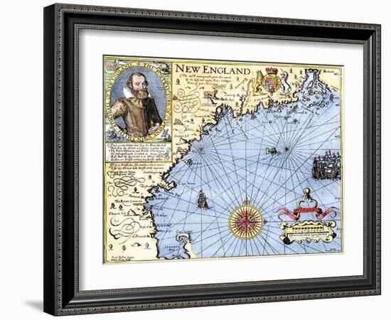 John Smith's Map of New England, with Inset Portrait, c.1620-null-Framed Giclee Print