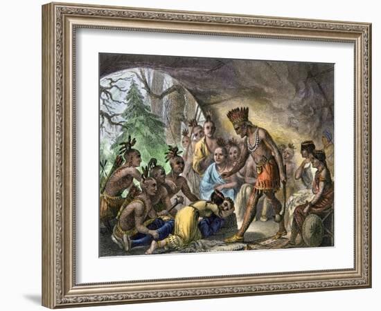 John Smith Saved by Pocahontas, Jamestown Colony, Virginia Colony, c.1607-null-Framed Giclee Print