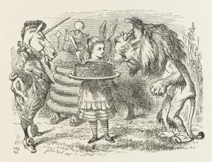 Lion and Unicorn Alice with the Lion and the Unicorn, and a Plum Cake by John Tenniel