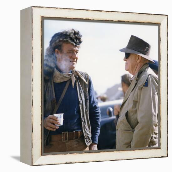 John Wayne and John Ford sur le tournage du film Alamo by JohnWayne, 1960 (photo)-null-Framed Stretched Canvas