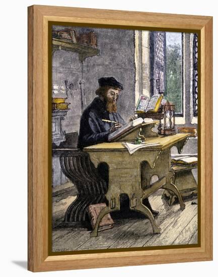 John Wycliffe Translating the Bible into English, 1300s-null-Framed Premier Image Canvas