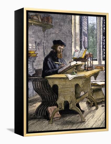 John Wycliffe Translating the Bible into English, 1300s-null-Framed Premier Image Canvas