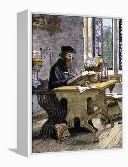 John Wycliffe Translating the Bible into English, 1300s-null-Framed Premier Image Canvas