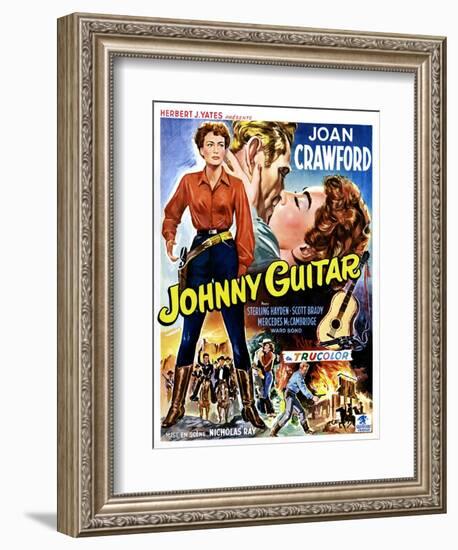 Johnny Guitar, Joan Crawford, Sterling Hayden, (Belgian Poster Art), 1954.-null-Framed Art Print