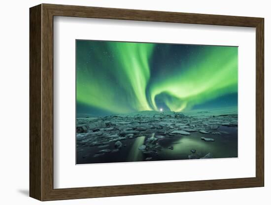 Jokulsarlon, East Iceland, Iceland. Northern lights over the glacier lagoon.-Marco Bottigelli-Framed Photographic Print