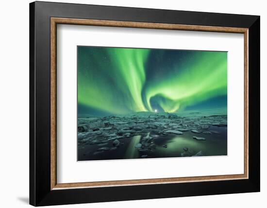 Jokulsarlon, East Iceland, Iceland. Northern lights over the glacier lagoon.-Marco Bottigelli-Framed Photographic Print