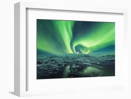 Jokulsarlon, East Iceland, Iceland. Northern lights over the glacier lagoon.-Marco Bottigelli-Framed Photographic Print