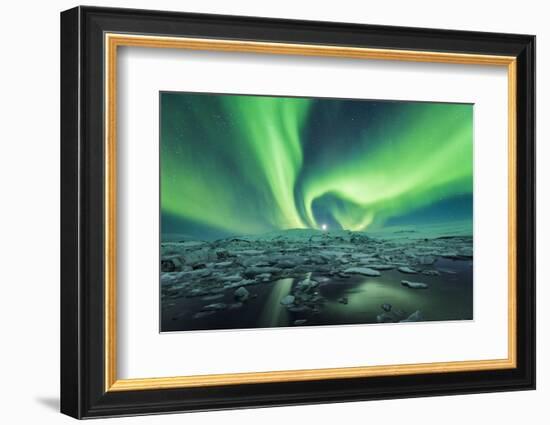 Jokulsarlon, East Iceland, Iceland. Northern lights over the glacier lagoon.-Marco Bottigelli-Framed Photographic Print