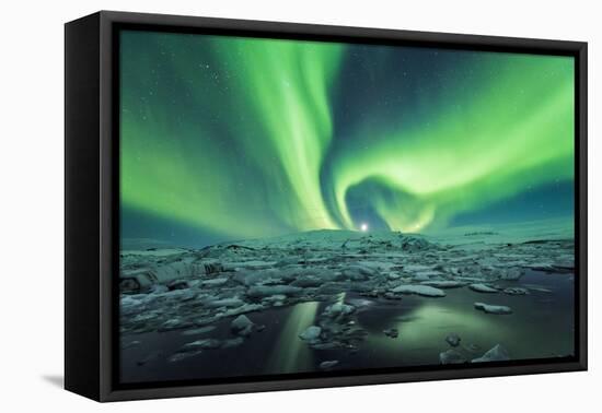 Jokulsarlon, East Iceland, Iceland. Northern lights over the glacier lagoon.-Marco Bottigelli-Framed Premier Image Canvas