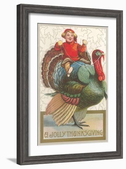 Jolly Thanksgiving, Boy Riding Turkey-null-Framed Art Print