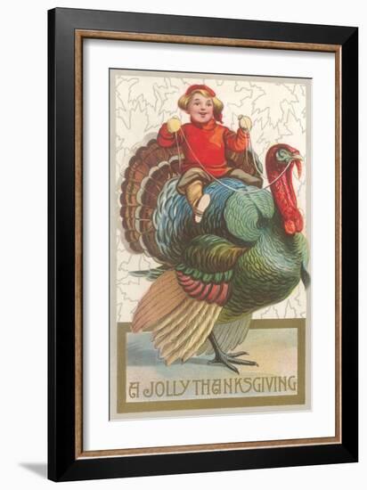 Jolly Thanksgiving, Boy Riding Turkey-null-Framed Art Print