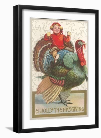 Jolly Thanksgiving, Boy Riding Turkey-null-Framed Art Print