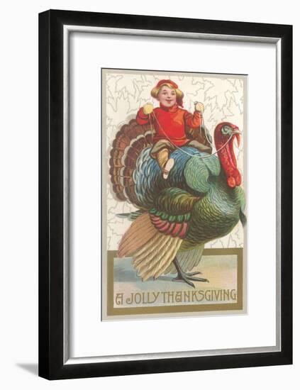 Jolly Thanksgiving, Boy Riding Turkey-null-Framed Art Print