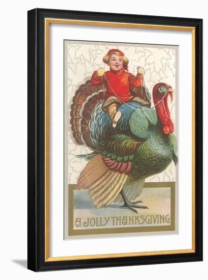 Jolly Thanksgiving, Boy Riding Turkey-null-Framed Art Print