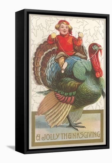 Jolly Thanksgiving, Boy Riding Turkey-null-Framed Stretched Canvas