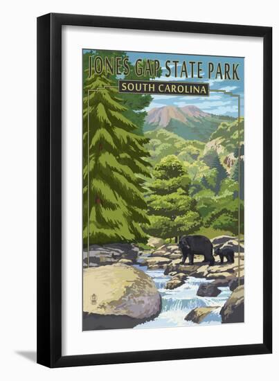 Jones Gap State Park, South Carolina - Creek and Bear Family-Lantern Press-Framed Art Print