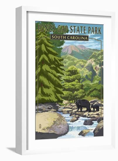 Jones Gap State Park, South Carolina - Creek and Bear Family-Lantern Press-Framed Art Print