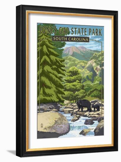 Jones Gap State Park, South Carolina - Creek and Bear Family-Lantern Press-Framed Art Print