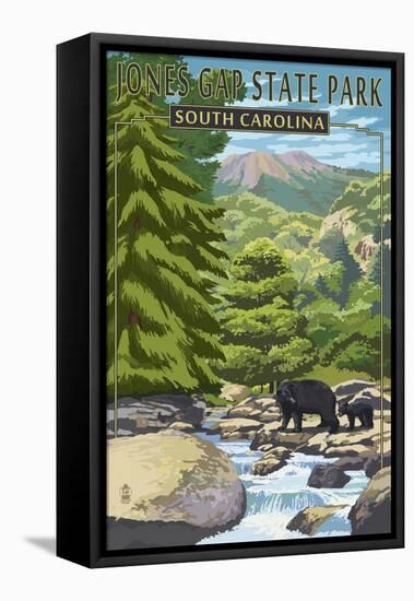 Jones Gap State Park, South Carolina - Creek and Bear Family-Lantern Press-Framed Stretched Canvas