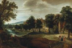 A Wooded River Landscape, with Village Buildings and Abraham and the Three Angels-Joseph Bail-Giclee Print