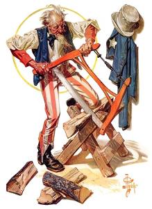 "Uncle Sam Sawing Wood,"July 2, 1932 by Joseph Christian Leyendecker