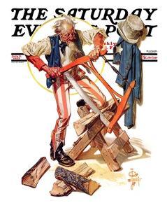"Uncle Sam Sawing Wood," Saturday Evening Post Cover, July 2, 1932 by Joseph Christian Leyendecker