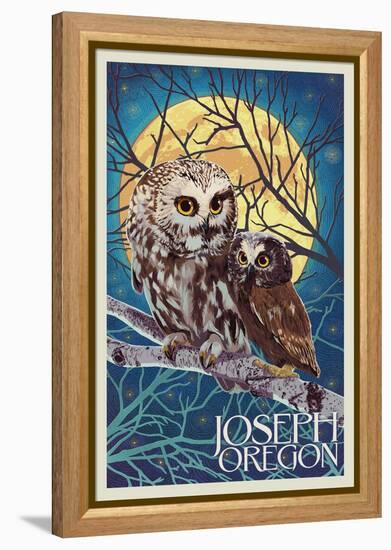 Joseph, Oregon - Owl and Owlet-Lantern Press-Framed Stretched Canvas
